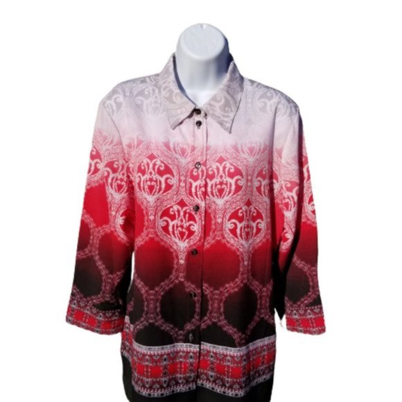 Alia Boho Tunic Shirt Geometric Print Button Up Long Sleeves Red Black Size 10 - Picture 2 of 12